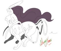 anthro anthrofied centaur christmas female furry large_breasts long_hair monochrome nelsonnoir pokemon pokemon_(species) pokemon_gsc ribbon smile solo suicune tail very_long_hair