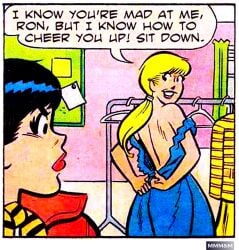 2girls archie_comics betty_cooper blonde_hair brown_hair casual clothing comic_page dialogue female female_only human pale_skin speech_bubble unknown_artist veronica_lodge yuri