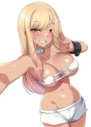 1girls belly_button blonde_hair chained_wrists chains choker collar cosplay female_only gyaru harigane_shinshi kitagawa_marin long_fingernails looking_at_viewer midriff navel peace_sign selfie short_shorts skindentation slim_waist solo sono_bisque_doll_wa_koi_wo_suru tan_body tan_skin white_background wide_hips