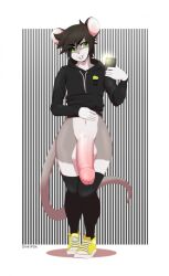 1boy anthro balls belly big_balls big_penis black_eyebrows black_hair black_thighhighs cheese clothing dairy_products digital_media_(artwork) eyebrows eyebrows_visible_through_hair eyeliner facial_piercing femboy feminine_male flaccid food footwear fur genitals girly green_eyes grey_body grey_fur hair hi_res hoodie huge_balls huge_cock humanoid_genitalia humanoid_penis hyper hyper_balls hyper_genitalia hyper_penis lip_piercing long_socks makeup male male/male male_only mammal mouse mouse_tail murid murine navel penis penis_to_the_knees piercing rodent selfie shoes signature simple_background smile solo solo_focus solo_male teeth thick_penis thighhighs topwear vikifox_(artist) white_background white_body white_fur wide_hips yellow_clothing yellow_footwear yellow_shoes yellow_sneakers