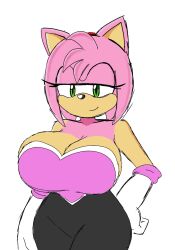 amy_rose amy_the_bat busty cleavage clothed clothing huge_breasts looking_at_breasts looking_down pink_fur pink_skin revealing_clothes rouge_the_bat_(cosplay) short_hair sonic_(series) sonic_the_hedgehog_(series) tight_clothes tight_clothing tight_fit