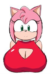 amy_rose boob_window busty cleavage clothed clothing huge_breasts keyhole keyhole_clothing keyhole_shirt looking_at_viewer pink_fur pink_skin short_hair sonic_(series) sonic_the_hedgehog_(series) tight_clothes tight_clothing tight_fit tight_shirt