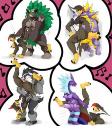 5boys anal anal_sex anthro anthrofied ape avian beak from_behind furry gay male male_only nelsonnoir obstagoon penetration pokemon pokemon_dppt pokemon_ss rillaboom rimming scalie staraptor toxtricity upside-down yaoi