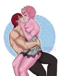 1boy 1girls aged_up arm_around_partner black_sclera breast_press chemise cleavage eijirou_kirishima eye_contact face_to_face female hand_on_face hand_on_waist horns imminent_kiss lingerie mina_ashido muscular muscular_male my_hero_academia on_lap pink_hair pink_skin red_eyes red_hair shirtless sitting_on_lap straight suggestive thick thick_legs yellow_eyes