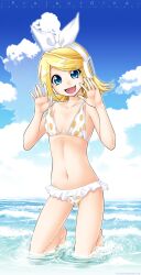 aquamarine_eyes beach bikini bikini_bottom bikini_top blonde_hair blonde_hair blue_eyes breasts cleavage clouds day female female female_focus female_only hair_pin headphones headphones_on_head headset high_resolution kagamine_rin kitano_tomotoshi kneeling navel ocean oerba_yun_fang polka_dot polka_dot_bikini polka_dot_swimsuit project_diva project_diva_(series) project_diva_2nd pulling_bikini_string short_hair sky small_breasts solo spotted_bikini swimsuit swimwear vocaloid water