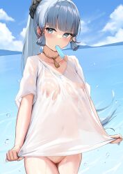 1girls aqua_eyes aqua_hair areolae blush breasts clothes collarbone embarrassed female female_only genshin_impact hairband hairless_pussy highres ice_cream kamisato_ayaka long_hair looking_at_viewer melting_popsicle navel navel_visible_through_clothes necklace nipples nipples_visible_through_clothing no_bra no_panties nude ocean outdoors outside ponytail popsicle popsicle_melting pussy seductive see-through see-through_clothing shaved_pussy skai_kun sky solo standing stretching t-shirt t-shirt_only vagina water wet_clothes wet_skin