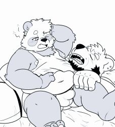 2022 anthro beard belly bulge clothing duo ear_piercing ear_ring facial_hair giant_panda humanoid_hands kemono lying male male/male mammal moobs navel nipples one_eye_closed overweight overweight_male piercing sangguri_32 sitting sleeping tired underwear ursid