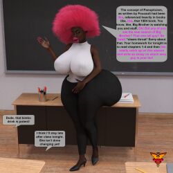 1girls 3d afro bad_anatomy bimbo bimbofication dark-skinned_female dark_skin female female_only huge_ass huge_breasts mpcreativearts school solo teacher