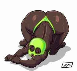 1boy artist_logo ass_cleavage bending_down bending_forward bending_over bent_over big_ass big_butt bubble_ass bubble_butt butt_crack dark-skinned_femboy dark-skinned_male digital_media_(artwork) femboy gay green_clothing green_mask green_thong green_underwear hi_res highres kojoarts male male_only mask naughtypaw_(artist) on_knees pear_shaped shiny_skin ski_mask skimpy_clothes slutboy solo sweat sweatdrop ttherandom tthrandom tthrandom_rp white_background