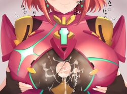 1girls armor big_breasts bodysuit breast_grab breasts cleavage cum cum_on_breasts cum_on_face fingerless_gloves gloves grabbing_own_breast hi_res japanese_text nintendo paizuri pyra red_hair shiratamaaji short_hair smile text torn_clothes xenoblade_(series) xenoblade_chronicles_2