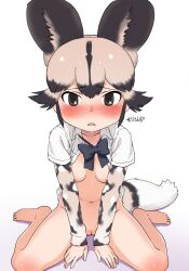 african_wild_dog_(kemono_friends) african_wild_dog_print animal_ear_fluff animal_ears animal_print barefoot bent_knees between_legs blue_bow blush bottomless bow bowtie breasts brown_eyes clothing dog_girl dog_tail extra_ears eyebrows_visible_through_hair feet female female_only female_solo full_body hair_between_eyes hand_between_legs high_resolution inumimi kemono_friends long_sleeves looking_at_viewer masuyama_ryou multicolored_hair navel nipples nude open_clothes open_shirt shirt short_hair sidelocks sitting small_breasts solo sweat tail uncensored v_arms vagina wariza
