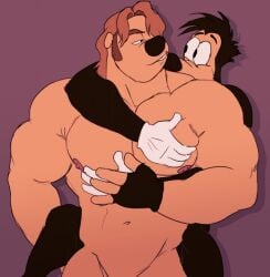 2boys a_goofy_movie chad_(a_goofy_movie) male_focus male_only max_goof pec_grab pec_squeeze pecs pecs_grab pecsgrab size_difference