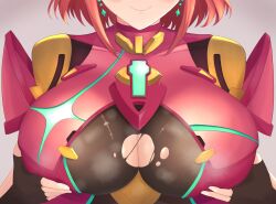 1girls armor big_breasts bodysuit breast_grab breasts cleavage fingerless_gloves gloves grabbing_own_breast hi_res nintendo paizuri paizuri_invitation pyra red_hair shiratamaaji short_hair smile torn_clothes xenoblade_(series) xenoblade_chronicles_2