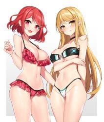 2girls big_breasts bikini blonde_hair blush breasts cleavage happy hi_res legs long_blonde_hair long_hair looking_at_viewer mythra nervous nintendo pyra red_eyes red_hair short_hair short_red_hair swimsuit thighs xenoblade_(series) xenoblade_chronicles_2 yellow_eyes yuxian_youka