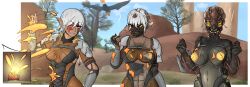 anthro armor background bazelgeuse breasts disappearing_clothes female front_view hair long_ears messy monster monster_girl monster_hunter outside red_eyes scales scalie short_hair transformation valkaveri white_hair