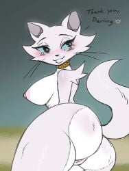 anthro ass blue_eyes breasts collar dialogue disney domestic_cat duchess_(the_aristocats) english_text felid feline felis female fur furry furry_only genitals heart hi_res looking_back mammal nipples nude pukemilked pussy solo tail text the_aristocats white_body white_fur