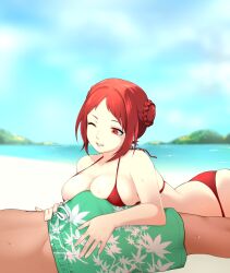 1boy 1girls alternate_costume ass beach bikini breast_press breast_rest breasts breasts_on_penis cleavage dip_art female female_focus fire_emblem fire_emblem:_three_houses grin large_breasts male monica_von_ochs nintendo ocean one_eye_closed outdoors penis_bulge red_bikini red_eyes red_hair red_swimsuit rubbing rubbing_penis sand seaside short_hair skindentation smile solo_focus straight sweat swimsuit water