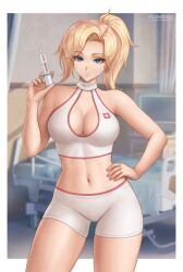 1girls angela_ziegler artist_logo big_breasts blizzard_entertainment blue_eyes breasts clevage clothing deviantart_username female female_only flowerxl hand_on_thigh hi_res hospital huge_breasts large_breasts medical mercy necklace overwatch pale-skinned_female platinum_blonde_hair portrait_format solo solo_female swiss tagme thick_thighs video_game_character white_shorts white_topwear