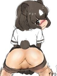 all_fours animal_ears anus ass ass_up asymmetrical_hair bear_ears bear_girl bear_tail black_gloves blur_censor blush breasts brown_bear_(kemono_friends) brown_eyes brown_skirt censored clothing collared_shirt elbow_gloves extra_ears eyebrows_visible_through_hair female female_only gloves high_resolution kemono_friends looking_at_viewer looking_back lying masuyama_ryou multicolored_hair necktie_on_mouth on_back partially_clothed presenting presenting_hindquarters shiny shiny_skin shirt short_hair short_sleeves simple_background skirt solo solo_female spats spats_pull tail two-tone_hair undressing very_high_resolution white_background white_shirt