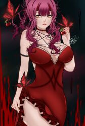 ahoge ai'ma blood blood_stain bracelet breasts butterfly cherry choker cleavage clothes dragon_girl dragon_horns dress female goth gothic horns jewelry long_hair looking_at_viewer lunyfera(artist) mature_female necklace pentagram pentagram_top red_dress red_hair thighs wings wyvern wyvern_girl