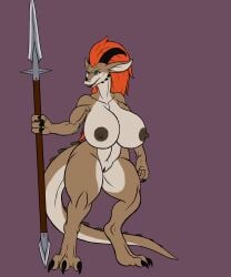 absurd_res anthro big_breasts breasts brown_body claws dragon female genitals green_eyes hi_res holding_object holding_weapon horn karnator karnator_(artist) melee_weapon multicolored_body orange_body polearm pussy simple_background solo spear thick_thighs two_tone_body weapon wide_hips