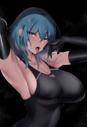 1girls absurdres arm_behind_head arm_up armpits black_body black_swimsuit blue_eyes breasts byleth_(fire_emblem) byleth_(fire_emblem)_(female) cleavage competition_swimsuit covered_nipples crest_(fe3h) elbow_gloves female female_only finger_play fire_emblem fire_emblem:_three_houses gloves highres kyle_(kysizzle) kysizzle large_breasts medium_breasts medium_hair mouth_play naughty_face nintendo one-piece_swimsuit open_mouth presenting_armpit saliva saliva_string saliva_trail seductive sideboob solo sweat swimsuit teal_hair tongue tongue_out upper_teeth