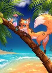 beach beverage canid canine female feral fox fur genitals hi_res humanoid_genitalia humanoid_pussy mammal orange_body orange_fur palm_tree plant pussy rukifox seaside solo tongue tongue_out tree water yato