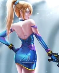 artist_name blonde_hair blue_eyes bra_strap dress femme_fatale gun hairband hand_on_hip hip_focus hips illasvyel lipstick metroid ponytail samus_aran slight_smile strapless_dress