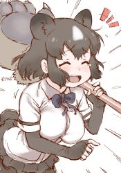 animal_ears bear_ears bear_paw_hammer bear_tail black_hair bow bowtie breasts brown_bear_(kemono_friends) closed_eyes clothing collared_shirt elbow_gloves emphasis_lines extra_ears eyebrows_visible_through_hair female female_only female_solo fingerless_gloves furrowed_eyebrows gloves grey_hair high_resolution holding holding_weapon kemono_friends laughing leaning_forward masuyama_ryou medium_hair microskirt multicolored_hair muted_color open_mouth over_shoulder pointing shirt short_sleeves shorts shorts_under_skirt sidelocks skirt smile solo spats tail tearing_up two-tone_hair unaligned_breasts upper_body weapon weapon_over_shoulder wing_collar