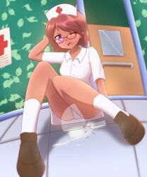 1girls broken_glass brown_hair dress_lift female maru_(stardew_valley) nurse nurse_uniform panties purple_eyes red_glasses stardew_valley tagme tripping upskirt zephyre