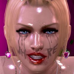 1girls 3d after_deepthroat after_oral bimbo black_eyeshadow blonde_hair blue_eyes body_writing dead_or_alive female female_only honey_select light-skinned_female light_skin looking_at_viewer mascara mature_female ninja_gaiden oil oiled oiled_skin ponytail rachel_(ninja_gaiden) red_lipstick runny_makeup seductive_eyes seductive_mouth seductive_smile sex_toy shiny shiny_skin smile solo tecmo thethiccart tied_hair