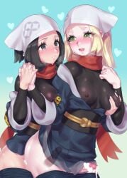 2futas akari_(pokemon) akari_(pokemon)_(cosplay) alternate_costume black_eyes black_hair blonde_hair bottomless breast_grab breasts censored clothed clothing cosplay cum cum_while_penetrated duo ejaculation erection futa_on_futa futa_only futa_with_futa futanari grabbing grabbing_from_behind hands-free handsfree_ejaculation head_scarf heart heart-shaped_pupils heart_censor highres holding_hands human interlocked_fingers light-skinned_futanari light_skin lillie_(pokemon) looking_at_another medium_breasts mizuumi_(bb) mostly_clothed multiple_girls open_mouth parted_lips penis pokemon pokemon_(game) pokemon_legends:_arceus pokemon_sm selene_(pokemon) sex sex_from_behind short_hair smile standing symbol-shaped_pupils thighhighs white_headwear x-ray