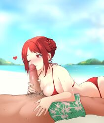 1boy 1girls alternate_costume ass beach bikini blush braided_bun breasts censored cleavage dip_art fellatio female female_focus fire_emblem fire_emblem:_three_houses imminent_fellatio imminent_oral large_breasts male monica_von_ochs mosaic_censoring nintendo ocean one_eye_closed oral outdoors penis_grab penis_kiss red_bikini red_eyes red_hair red_swimsuit sand seaside short_hair skindentation smile solo_focus straight sweat swimsuit water