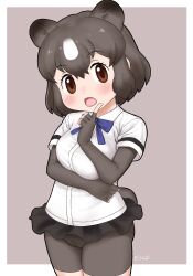 :o animal_ears artist_name bear_ears bear_girl bear_tail black_gloves black_skirt blue_neckwear blush bow bowtie breast_hold breasts brown_bear_(kemono_friends) brown_eyes clothing collared_shirt cowboy_shot elbow_gloves extra_ears eyebrows_visible_through_hair female female_only female_solo fingerless_gloves gloves grey_background high_resolution index_finger_raised kemono_friends large_breasts looking_at_viewer masuyama_ryou multicolored_hair shirt short_hair short_sleeves shorts shorts_under_skirt simple_background skirt solo spats tail two-tone_background two-tone_hair white_background white_shirt