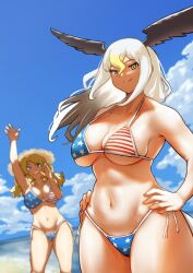 2girls american_flag american_flag_bikini bald_eagle_(kemono_friends) beach big_breasts bikini blonde_hair breasts calenda_(kemono_friends) duo female female_only hatch_box kemono_friends smile white_hair