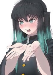 androgynous black_hair blush butcherboy clothed demon_slayer femboy kimetsu_no_yaiba long_hair long_hair_male male male_only muichiro_tokitou open_mouth solo suggestive sweatdrop teal_eyes two_tone_hair uniform upper_body