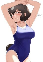 after_fellatio animal_ears armpits arms_up bear_ears bear_girl bear_tail black_hair breasts brown_bear_(kemono_friends) brown_eyes closed_mouth clothing extra_ears eyebrows_visible_through_hair facial female female_only female_solo grey_hair hair_between_eyes half-closed_eyes high_resolution kemono_friends masuyama_ryou medium_breasts medium_hair multicolored_hair one-piece_swimsuit semen semen_in_mouth semen_on_body semen_on_lower_body sidelocks simple_background skindentation solo swimsuit tail third-party_edit two-tone_hair upper_body white_background