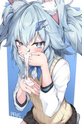 1girls alternate_version_available angry animal_ear_fluff animal_ears bangs blue_background blue_bow blue_eyes blue_hair blue_neckwear blush bow bubble cat_ears covering_mouth dress_shirt eyebrows_visible_through_hair female fluffy_ears fully_clothed girls'_frontline hair_between_eyes hair_ornament heart heart-shaped_pupils highres ky_(ky990533) light_blue_hair long_sleeves looking_at_viewer mouthful nose_bubble official_alternate_costume pa-15_(girls'_frontline) pleated_skirt pulque short_hair signature skirt solo solo_female solo_focus suggestive_fluid sweater_vest two-tone_background two_side_up watermark white_background white_shirt