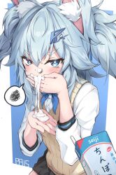 1girls alternate_version_available angry animal_ear_fluff animal_ears bangs blue_background blue_bow blue_eyes blue_hair blue_neckwear blush bow bubble cat_ears covering_mouth dress_shirt eyebrows_visible_through_hair female fluffy_ears fully_clothed girls'_frontline hair_between_eyes hair_ornament heart heart-shaped_pupils highres ky_(ky990533) light_blue_hair long_sleeves looking_at_viewer mouthful nose_bubble official_alternate_costume pa-15_(girls'_frontline) pleated_skirt pulque short_hair signature skirt solo solo_female solo_focus spoken_squiggle squiggle suggestive_fluid sweater_vest two-tone_background two_side_up watermark white_background white_shirt