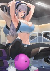 ankle_socks anklehighs armpit armpits arms_above_head arms_up back_view ball balls bare_arms bare_shoulders big_breasts black_pants blue_sports_bra breasts cleavage crop_top exercise exercise_ball female grey_hair gym gym_clothes hair_ornament hair_scrunchie headband highres huge_breasts large_breasts long_hair looking_at_viewer mhk_(mechamania) midriff mirror navel open_mouth original pants ponytail purple_eyes reflection scrunchie shoes sideboob silver_hair skindentation sleeveless socks solo spaghetti_strap sports_bra spread_legs squatting stomach sweat thick_thighs tired trembling white_footwear white_hair white_legwear white_socks working_out yoga_ball yoga_pants