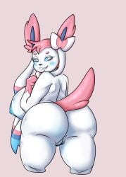 absurd_res anthro anthrofied ass big_ass big_breasts big_butt blue_eyes blush bratcatt breasts eeveelution female fur furry furry_only generation_6_pokemon genitals hi_res looking_at_viewer looking_back nintendo pink_body pokemon pokemon_(species) pokemorph pussy rear_view smile solo sylveon tail thick_thighs video_games white_body