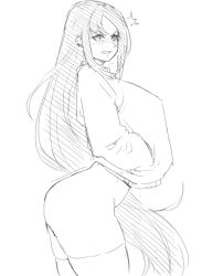 aguno ass black_and_white blush bottomless breasts brown_hair ear_studs earrings embarrassed fate/grand_order fate_(series) glaring huge_ass jewelry large_breasts looking_at_viewer looking_back red_eyes sketch sweater thick_thighs thighhighs thighs very_long_hair yu_mei-ren_(fate)