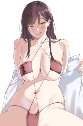 1girls 2021 bangs bare_shoulders bikini black_hair blush breasts closed_mouth collarbone earrings eye_piercing eyebrows_visible_through_hair feet_out_of_frame female female_focus female_only hair_between_eyes highres ichinose_(ichinose1592) jewelry large_breasts licking_lips long_hair looking_at_viewer mole mole_on_breast mole_under_eye mole_under_mouth navel open_clothes open_shirt original red_bikini shirt sitting solo solo_female square_bikini swimsuit tongue tongue_out white_background white_shirt yellow_eyes