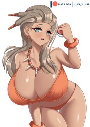 1girls armlet ass_visible_through_thighs bikini cleavage curvy earrings looking_at_viewer luex massive_breasts necklace png pokemon pokemon_sv professor_sada_(pokemon) silver_hair simple_background solo