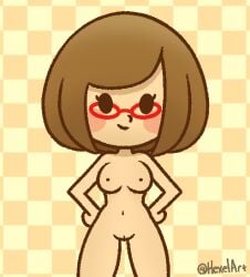 breasts brown_hair checkered_background glasses hexelart mob_face nikki_(swapnote) nintendo swapnote vagina