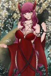 ahoge ai'ma bracelet breasts choker cleavage clothes dragon_girl dragon_horns dress female goth gothic horns jewelry lace lace-trimmed_thighhighs long_hair looking_at_viewer lunyfera(artist) mature_female necklace pentagram pentagram_top red_dress red_hair wings wyvern wyvern_girl