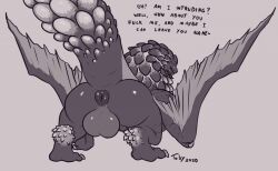 2020 anus ass backsack balls bazelgeuse big_balls big_butt capcom feral looking_at_viewer looking_back male male_only monster_hunter penis presenting presenting_ass presenting_hindquarters puffy_anus solo text toby_art wyvern