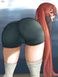 1girls angry ass ass_focus bare_thighs bent_over dat_ass female female_only fire_emblem fire_emblem_awakening large_ass long_hair nintendo open_mouth pantylines red_hair severa_(fire_emblem) shorts solo thighhighs thighs tsunsune twintails very_long_hair