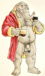 2021 5_fingers anthro anthro_only balls barefoot bathrobe belly_hair black_glans body_hair cats_don't_dance cellphone chest_hair clothed clothing coffee_mug elephant elephantid eyewear feet fingers flaccid foreskin foxfurries furry genitals glans glasses hi_res holding_mug holding_object holding_phone humanoid_feet humanoid_genitalia humanoid_penis looking_at_viewer male male_only mammal mature_anthro mature_male mug musclegut open_clothing overweight penis phone proboscidean pubes red_robe robe signature smartphone solo traditional_media_(artwork) warner_brothers woolie