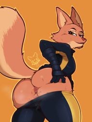 2022 anthro anus ass bottomwear bottomwear_down canid canine clothed clothing crimson_paw diane_foxington dreamworks eyebrow_piercing facial_piercing female fox fur hi_res looking_at_viewer looking_back looking_back_at_viewer lurkin mammal orange_background orange_body orange_fur pants pants_down partially_clothed piercing portrait presenting presenting_anus rear_view simple_background solo spread_butt spreading the_bad_guys three-quarter_portrait